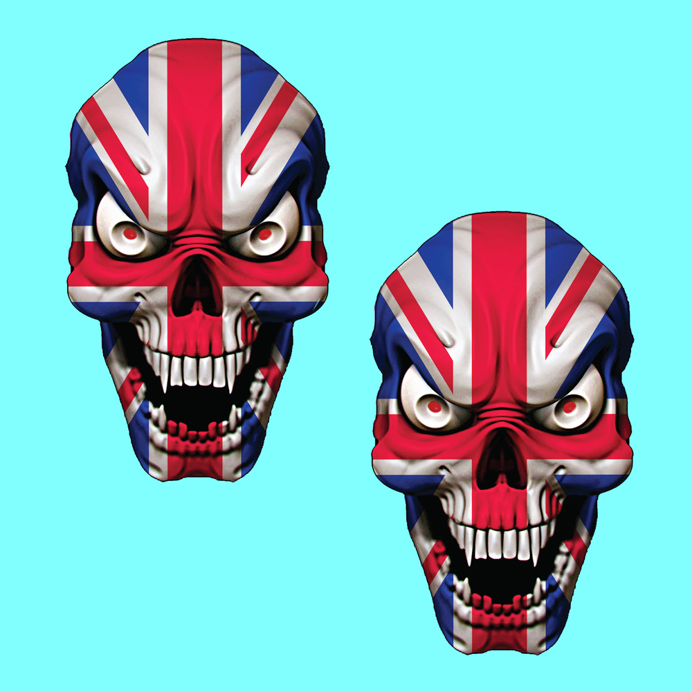 A Union Jack skull with white eye sockets and red pupils and displaying white teeth.