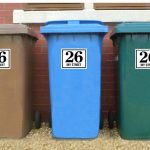 WHEELIE BIN NUMBERS - HOUSE NUMBER/NAME AND STREET NAME. The house name/number takes up two thirds of the sticker. Below is the street name. Bordered stickers.