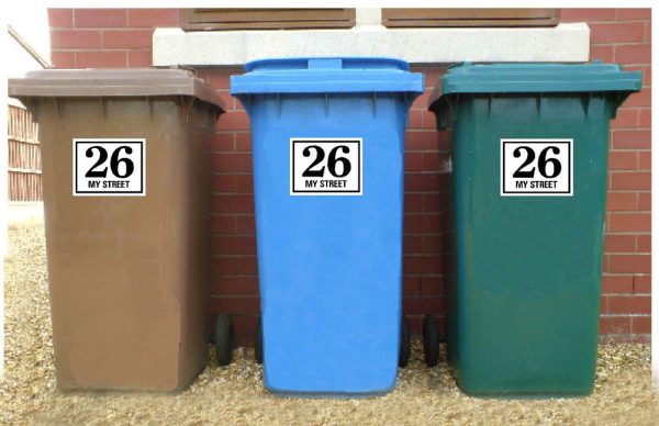 WHEELIE BIN NUMBERS - HOUSE NUMBER/NAME AND STREET NAME. The house name/number takes up two thirds of the sticker. Below is the street name. Bordered stickers.