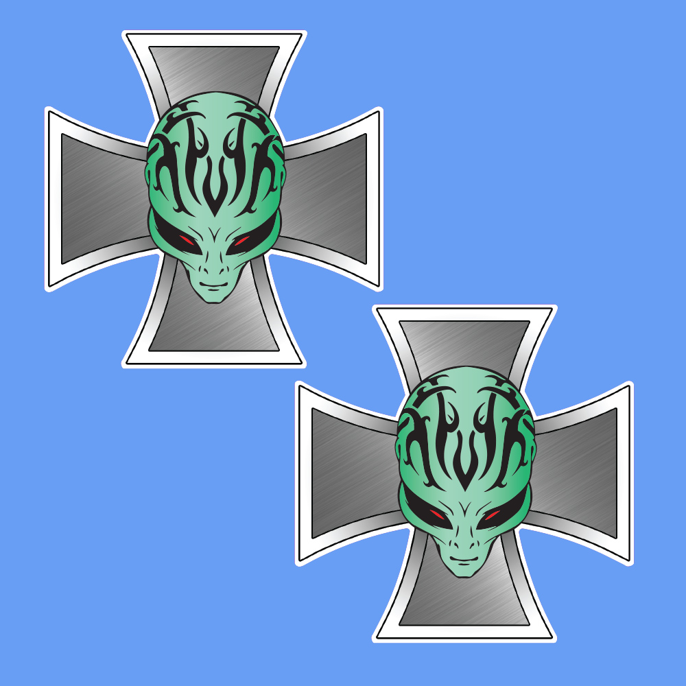 A green head of an alien with red eyes in black sockets and black markings on the top overlays a metal effect Maltese cross.