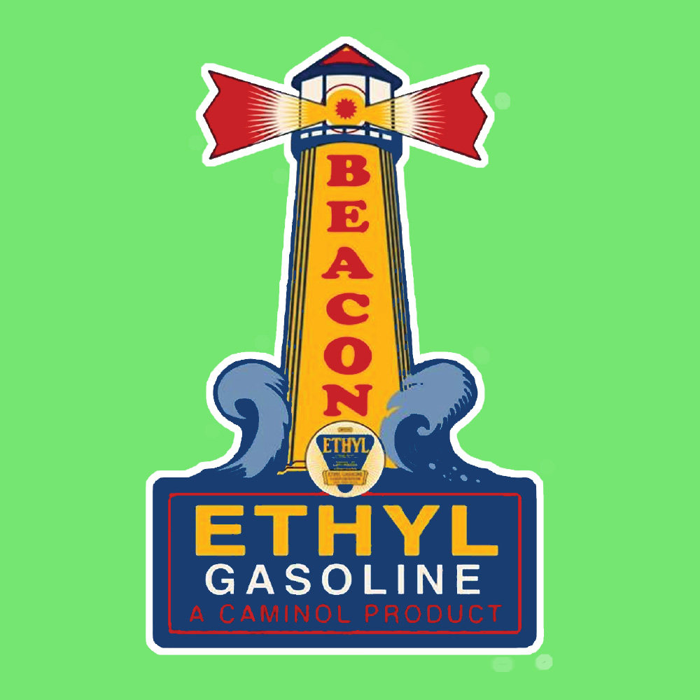 Beacon in red lettering and the Ethyl logo, a blue and yellow inverted triangle down the side of a yellow lighthouse with ocean and waves crashing at the base. Ethyl in yellow, Gasoline in white, A Laminol Product in red lettering in the blue ocean.