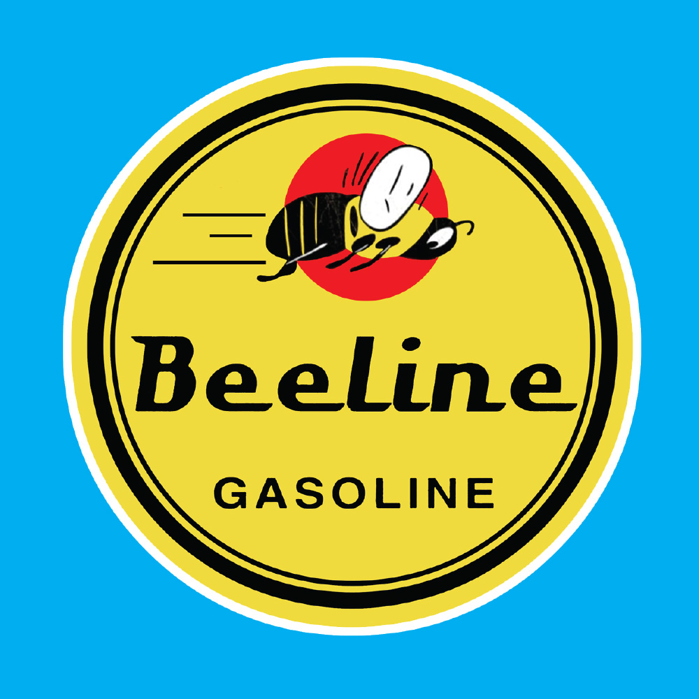 A yellow circular sticker with a black border. Beeline Gasoline in black lettering below a bee in flight on a red circle.