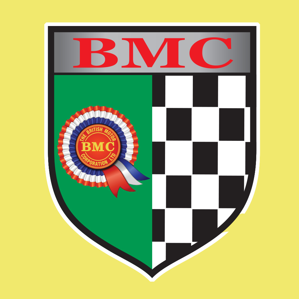 BMC CHEQUERED SHEILD STICKER. BMC in red lettering on a grey banner. Below this the shield is half black and white chequer and half green with a red, white and blue BMC rosette.
