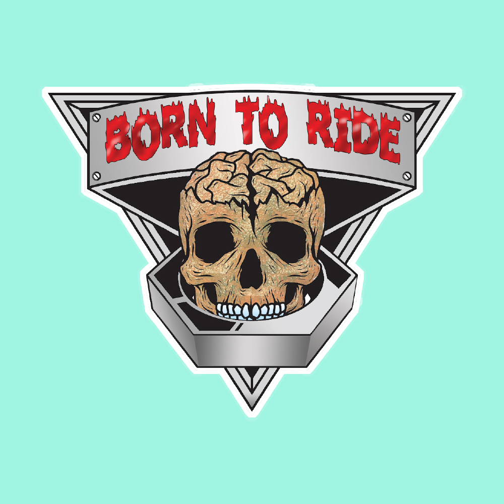 BORN TO RIDE STICKERS. A black and chrome effect sticker. An inverted triangle with a banner Born To Ride in red lettering. Below is a skull emerging from a chrome hexagon.