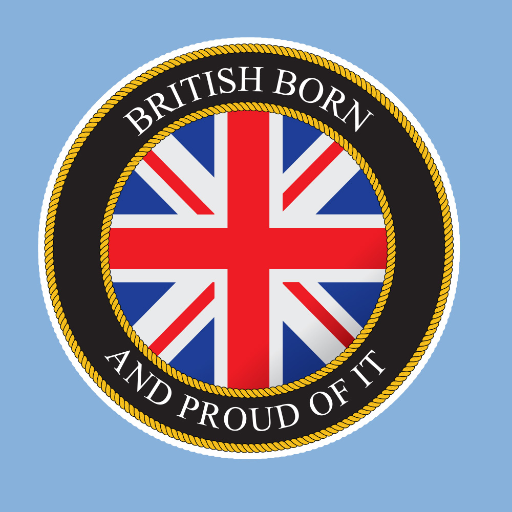 BRITISH BORN STICKER. British Born And Proud Of It in white uppercase lettering surrounds a black circular sticker with a yellow border. In the centre is a circular Union Jack with a yellow border.