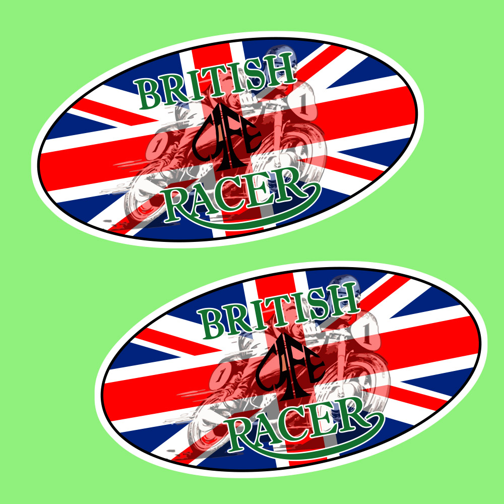 BRITISH CAFE RACER STICKERS. British Racer in green lettering surrounds an oval Union Jack sticker. A grey, ghostlike image of a motorcyclist riding a classic bike with a number 1 on it is in the centre.