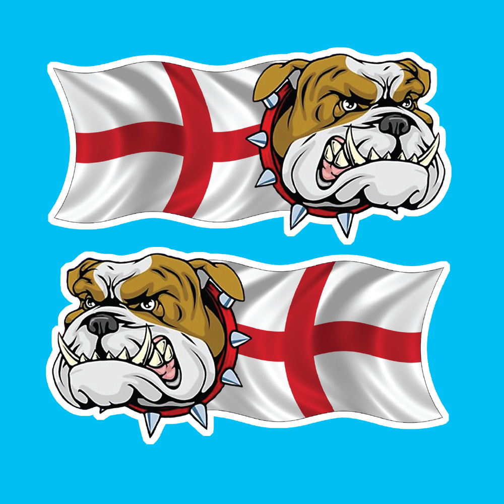 The face of a bulldog with sharp white teeth wearing a red metal studded collar with a wavy England flag trailing behind.