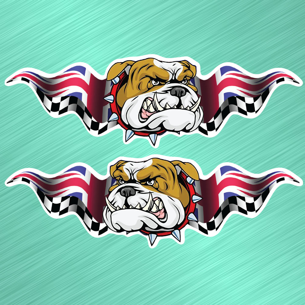 BRITISH BULLDOG UNION JACK WINGS STICKERS. The head of a bulldog wearing a red collar with metal studs. Union Jack and black and white chequer wings are furling in the background.