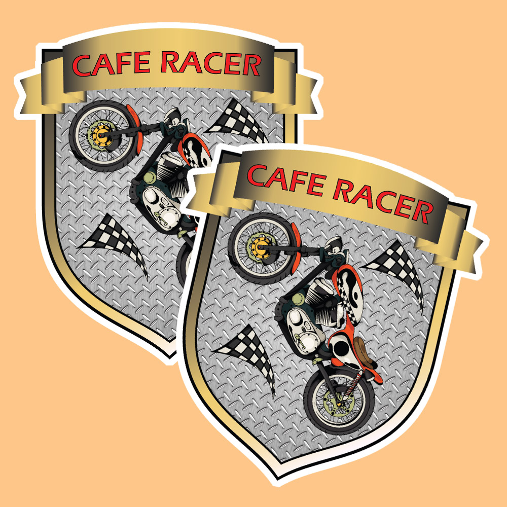 Cafe Racer in red lettering on a gold banner across the top of a metal studded shield with a gold edge. In the centre is a vintage motorcycle and two black and white chequered flags.