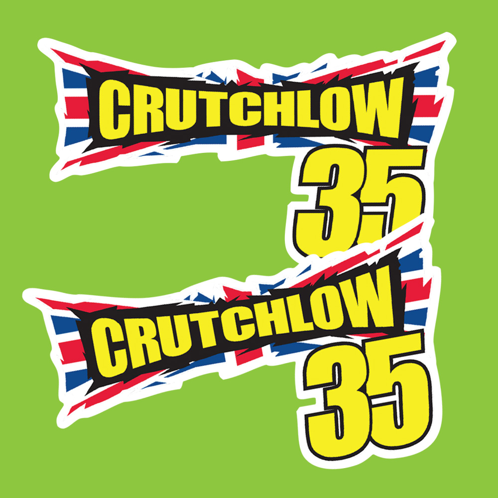 CAL CRUTCHLOW # 35 STICKERS. Crutchlow in yellow uppercase lettering on a black background overlays a Union Jack. Below is the number 35 in yellow.