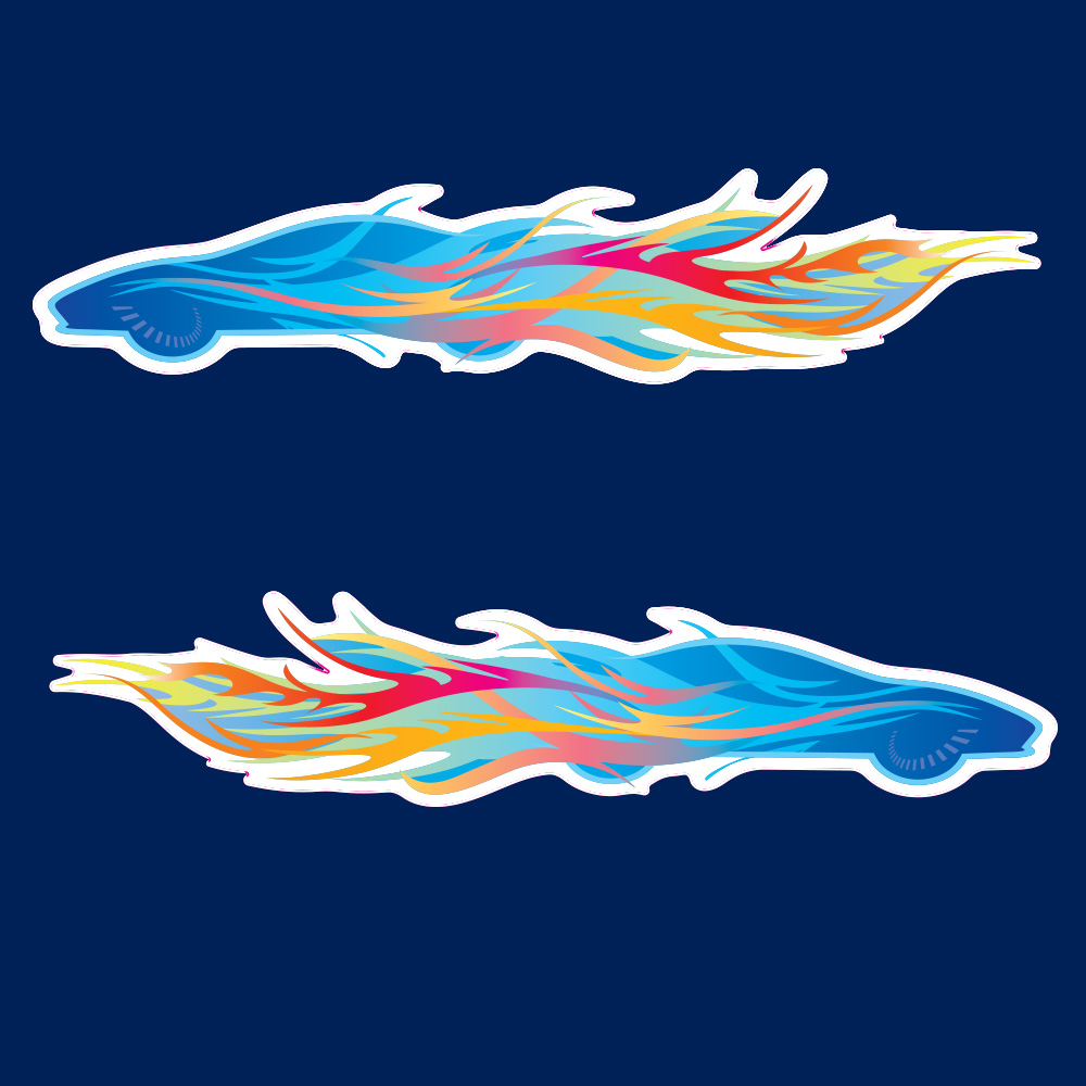 CAR FLAMES STICKERS. A blue car trailing yellow, orange, red, pink and blue flames behind.