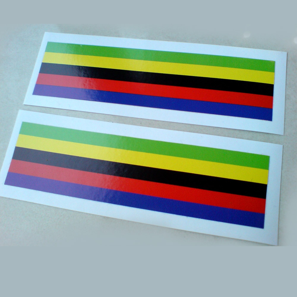 WORLD CHAMPIONSHIP RAINBOW STRIPE STICKERS. Five horizontal bands of colour. Green, yellow, black, red and blue.