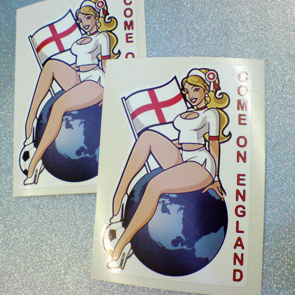 Come On England - a column of red lettering next to a shapely blonde haired woman wearing skimpy white top and shorts, heels and a red and white rosette in her hair. She sits on a blue globe holding an England flag and resting one foot on a football.