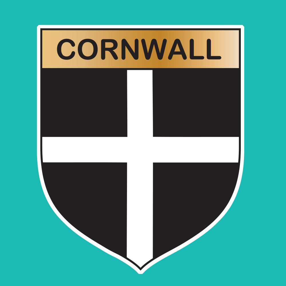 CORNWALL COUNTY SHIELD STICKER. A white cross on a black shield. Cornwall in black lettering on a gold banner across the top.