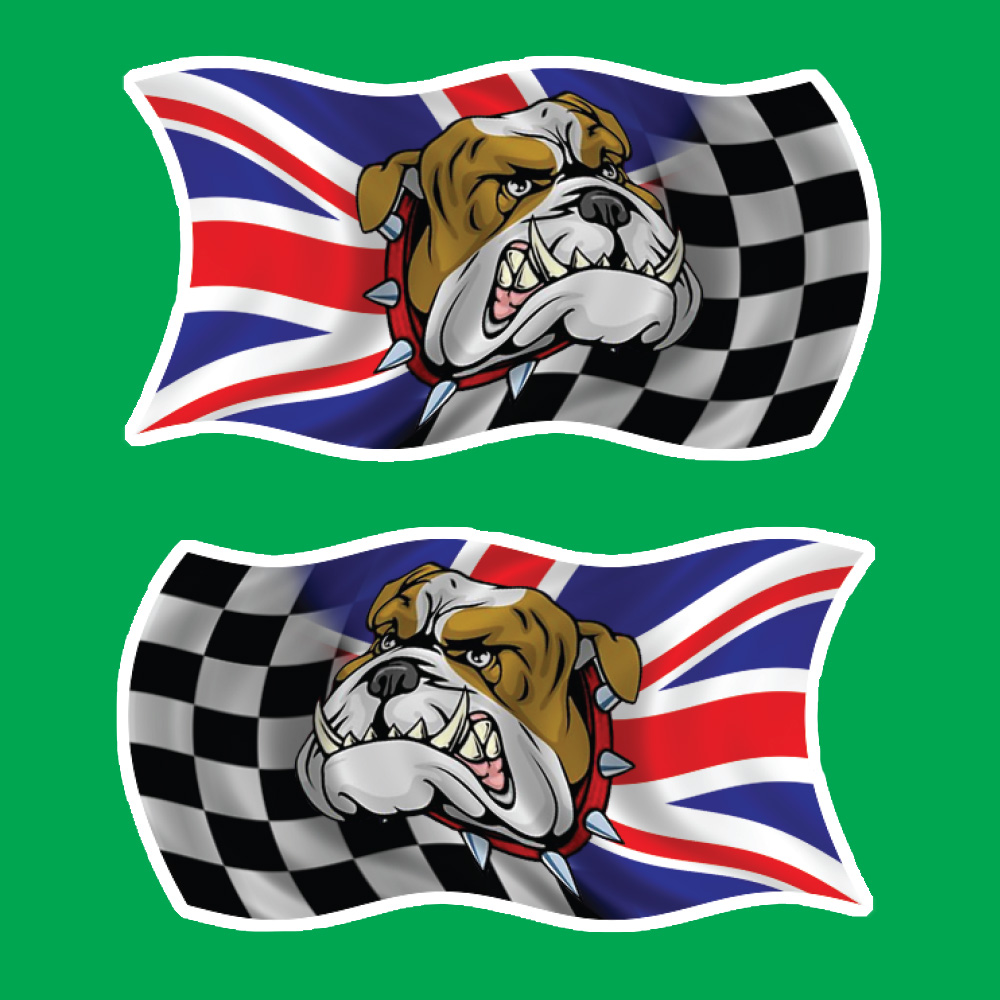 The face of a bulldog with sharp white teeth and wearing a red metal studded collar on a wavy flag half chequered and half Union Jack.