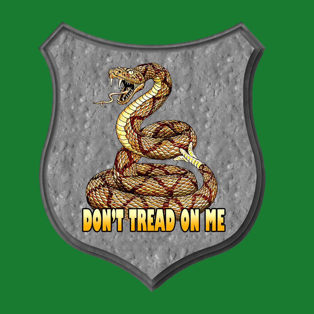 Don't Tread On Me in yellow uppercase lettering on a grey shield. In the centre is a coiled snake displaying sharp fangs and a forked tongue.
