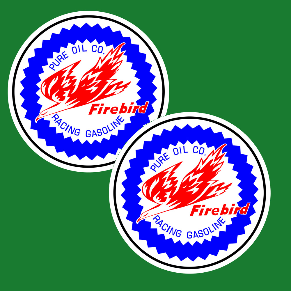 FIREBIRD RACING GASOLINE STICKERS. A blue serrated edge circle surrounds Firebird in red letters, a red bird in flight and Pure Oil Co. Racing Gasoline in blue letters on a white circular sticker.