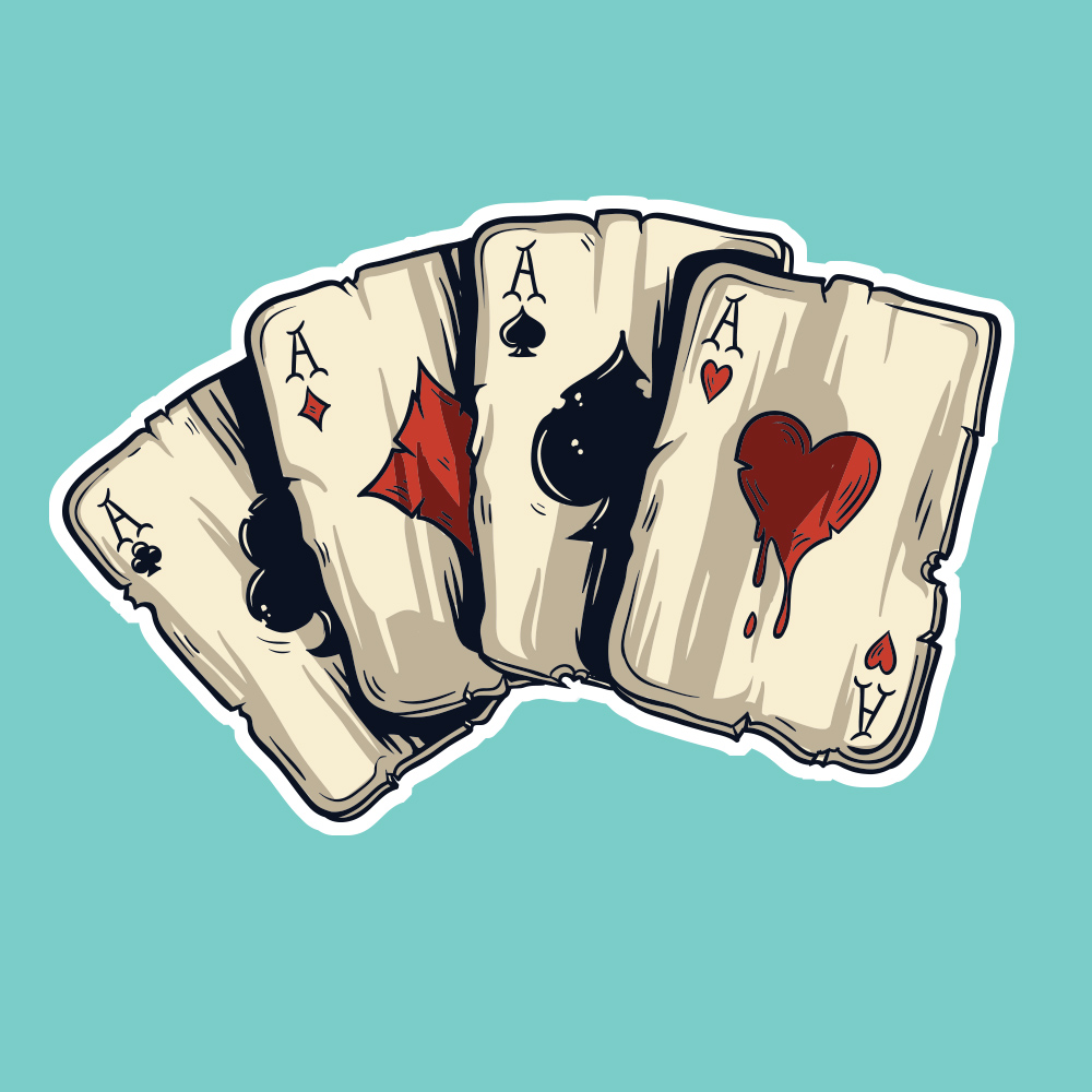 FOUR ACES LUCKY PLAYING CARD STICKERS. Four overlapping white playing cards with the letter A in two corners of each card. In the centre is a symbol - a heart, diamond, spade or club.