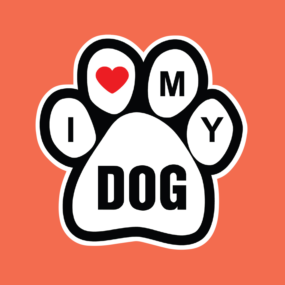 I LOVE MY DOG STICKER. A white dog's paw contoured in black. I, a red love heart, M, Y and Dog in bold black lettering on each paw pad.