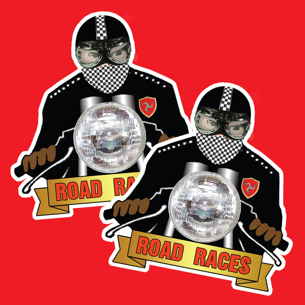 ISLE OF MAN CAFE RACER STICKERS. Road Races in red lettering on a gold banner sits below the headlight of a motorbike. A motorcyclist wearing a black jacket with a triskelion badge, a black helmet with a chequered flag on it and goggles is gripping the bars.