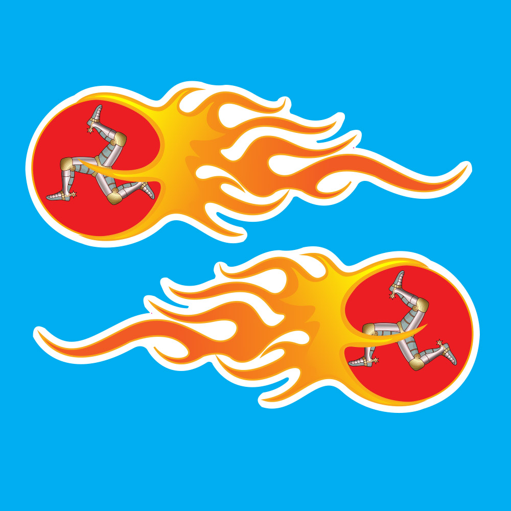 ISLE OF MAN TRISKELION FLAMES STICKERS. Three armoured legs with golden spurs on a red circular background trailing yellow and orange flames behind.