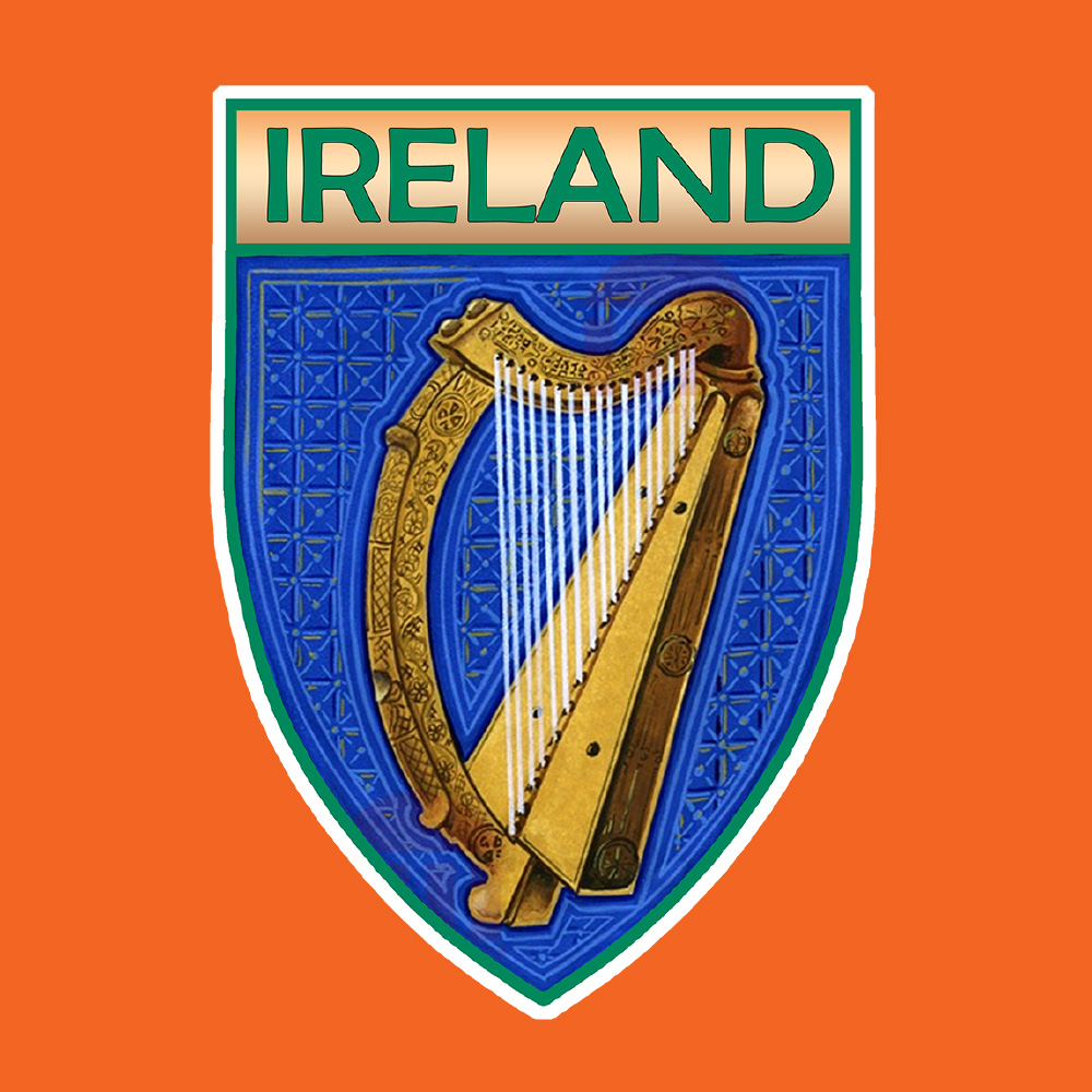 Ireland in green lettering on a banner at the top of the shield. Below is a gold harp with strings on a blue background.