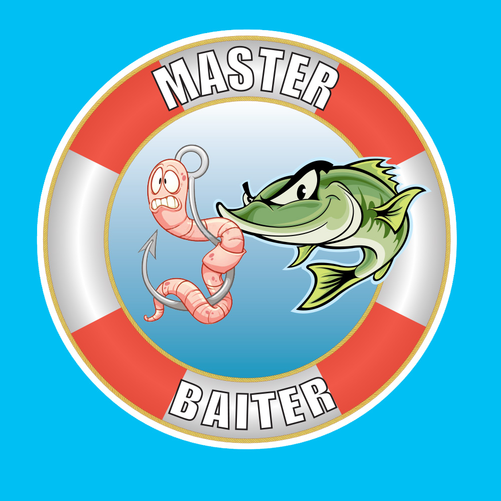 Master Baiter in white lettering surrounds a red and white life ring. Inside is a petrified prawn caught up in a fishing hook while a menacing green fish looks on.