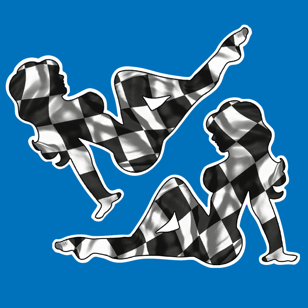 A black and white chequer sticker. A curvaceous girl with long hair sat back on one arm; one leg outstretched in front and the other leg bent at the knee.