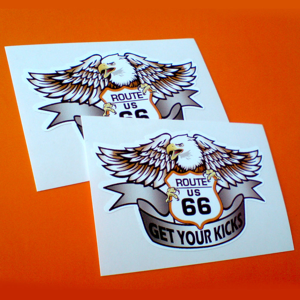 GET YOUR KICKS ON ROUTE 66 STICKERS. A bald eagle, wings spread clasping a Route US 66 sign in it's talons. Get Your Kicks in black lettering on a silver banner is below.