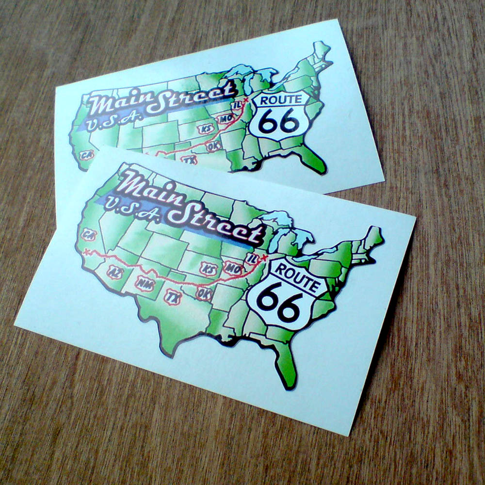 ROUTE 66 MAIN STREET STICKERS. Main Street USA lettering and a Route 66 sign on a green US map shaped sticker. The route and states it passes through are highlighted in red.