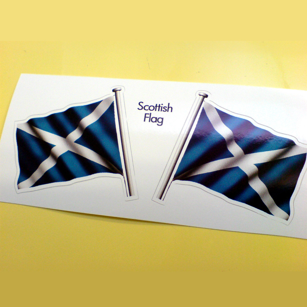 SCOTTISH SALTIRE FLAG AND POLE STICKERS. Scotland wavy flag and pole.