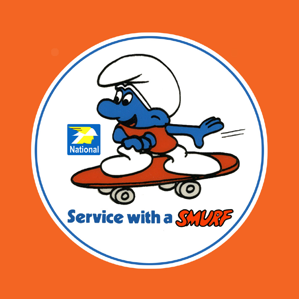 SERVICE WITH A SMURF STICKER. Service with a Smurf in blue and red lettering. A blue and white smurf wearing a red vest riding on a red skateboard. Next to this is the National Benzole logo, Mr. Mercury in his winged helmet.