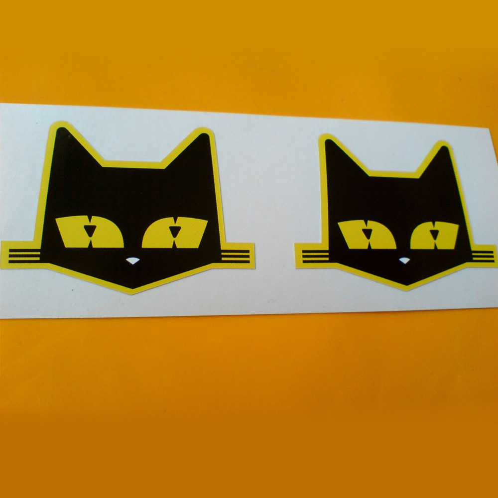The face of a black cat with whiskers and yellow eyes. A yellow border surrounds the image.