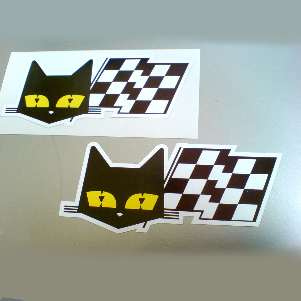 The face of a black cat with yellow eyes next to a black and white chequered flag.
