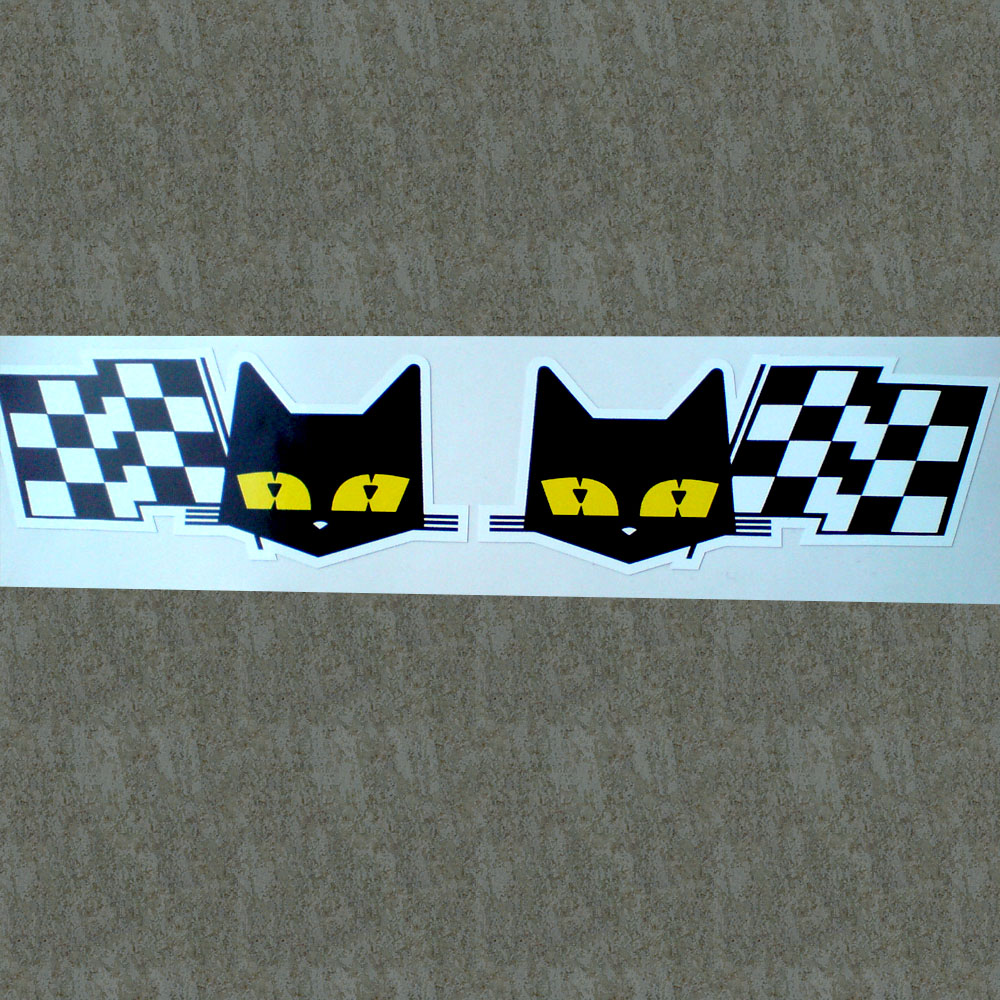 SEV MARCHAL CAT AND FLAG HANDED STICKERS. The face of a black cat with yellow eyes. Next to it is a black and white chequered flag.