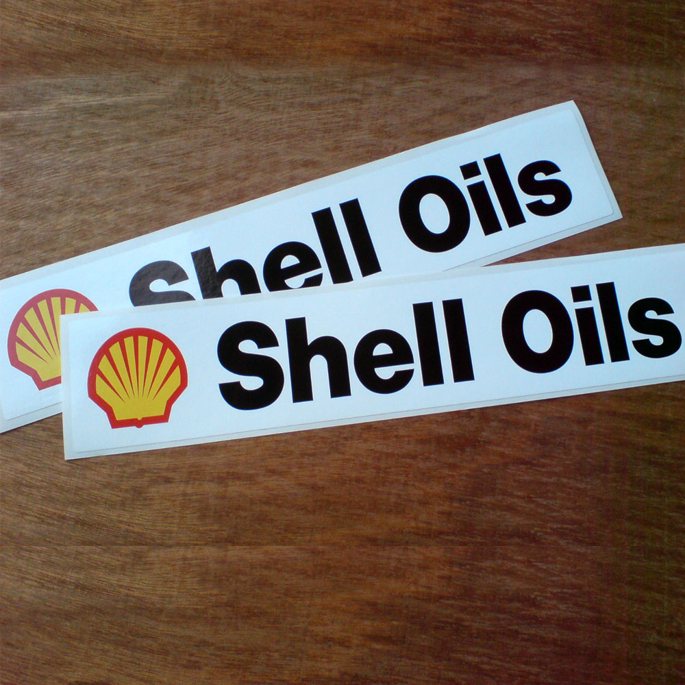 SHELL OILS CLASSIC STICKERS. The yellow and red Shell logo next to Shell Oils in bold black lettering on a white background.