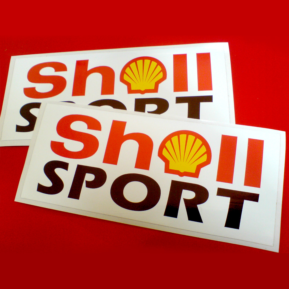 SHELL SPORT STICKERS. Shell Sport in bold lettering. Shell in red with the letter e replaced with the Shell logo. Sport in black letters on a white background.