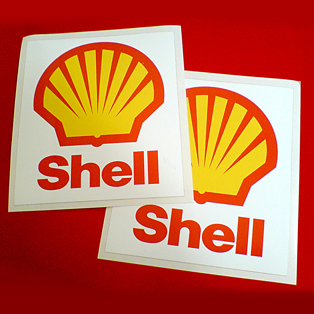 SHELL OLD STYLE STICKERS. Shell in bold red lettering underneath the yellow and red Shell logo on a white background.