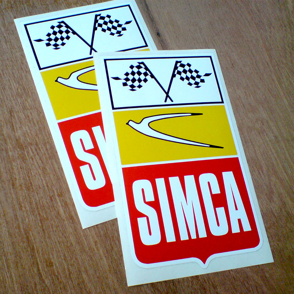 A column of three rectangular images. Black and white crossed chequered flags on white. A white dove on yellow. Simca in bold white lettering on a red background.