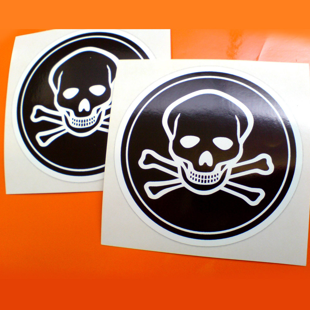 SKULL AND CROSSBONES JOLLY ROGER STICKERS. A white skull and crossbones on a black circular background.