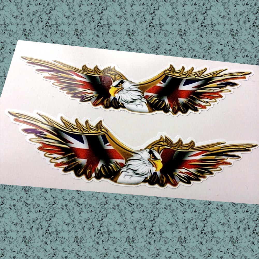 SOARING GOLDEN EAGLE UNION JACK WINGS STICKERS. A golden eagle in flight. It's golden outstretched wings are emblazoned in the Union Jack.