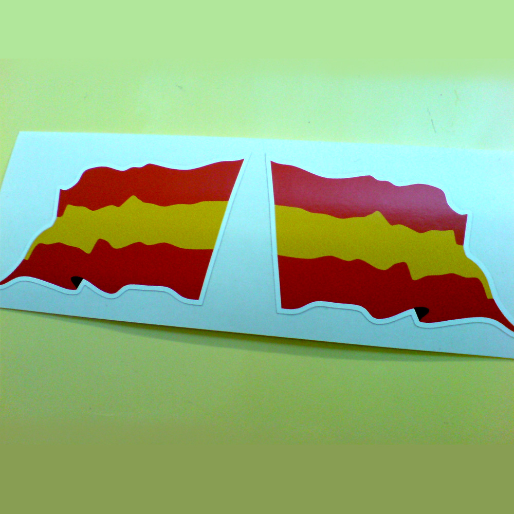 Three horizontal stripes of red, yellow and red. A wavy flag of Spain.