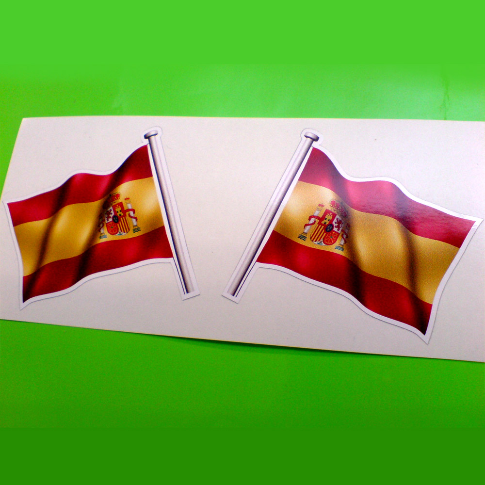 SPAIN/SPANISH WAVY FLAG WITH CREST STICKERS. A horizontal triband flag of red, yellow and red with the Spanish Coat of Arms. A wavy flag on a pole.