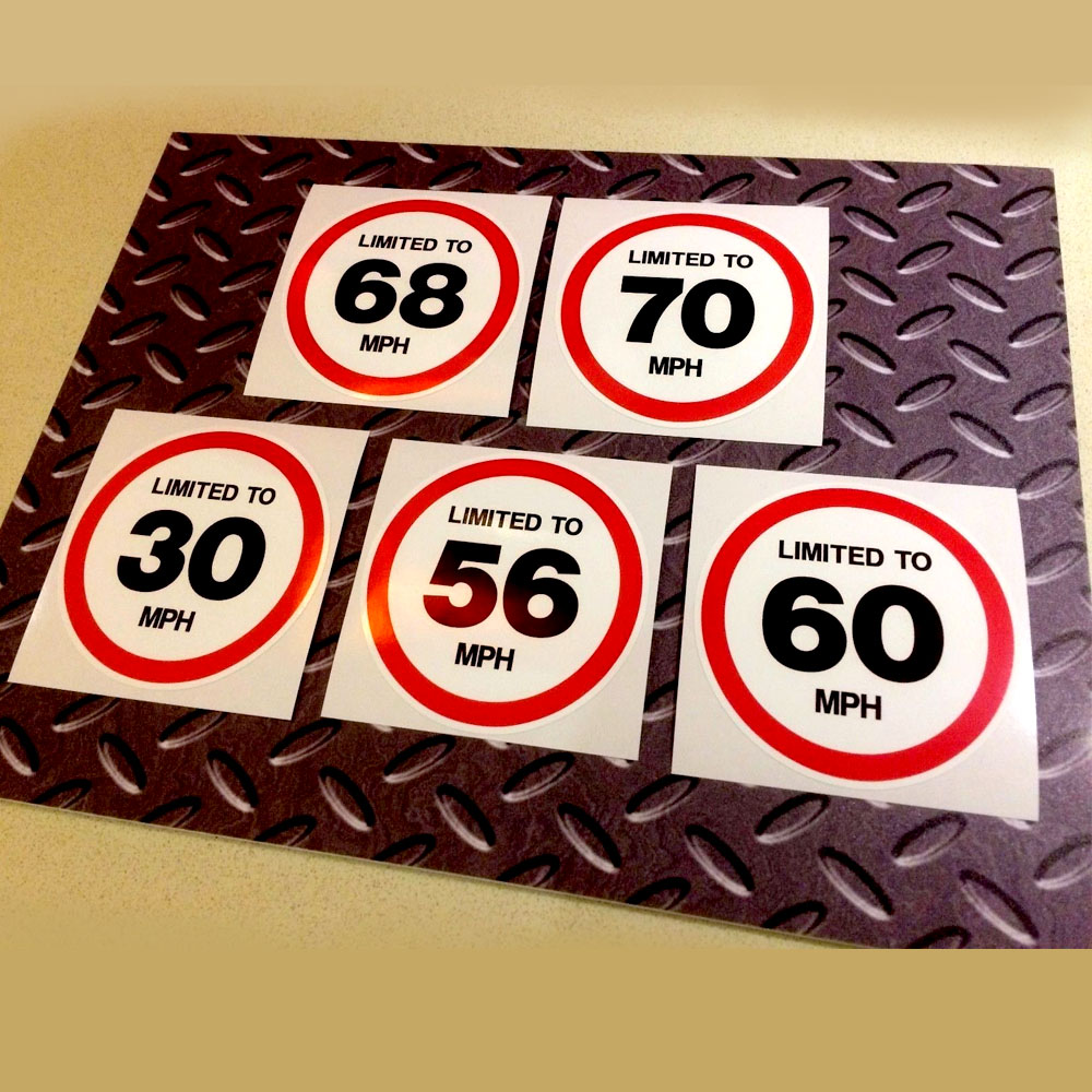 SPEED LIMITED TO STICKER. Speed limit sign. A black number inside a white circle with a red border. Additional capital letters in black, Limited To MPH.