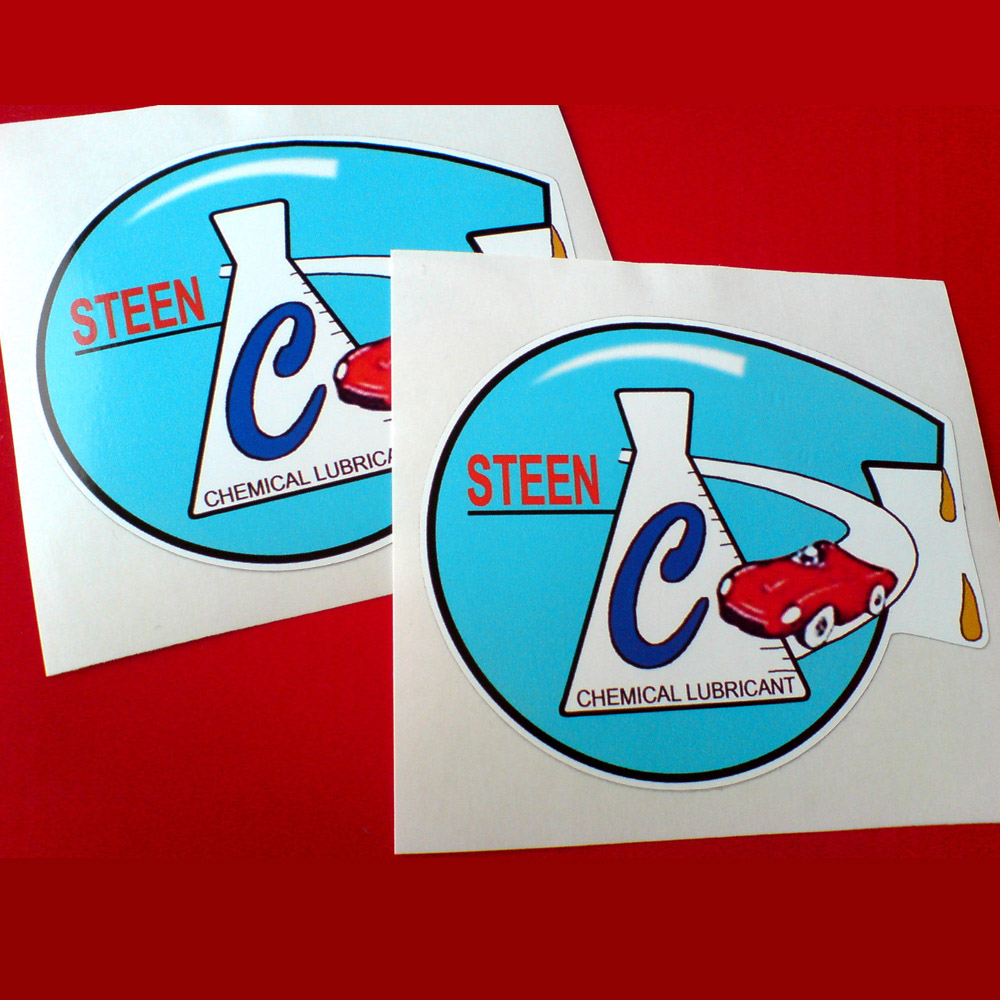 Steen in red lettering and a red sports car next to a conical flask with the letter C in blue and Chemical Lubricant on it. A blue can is dripping oil in the background.