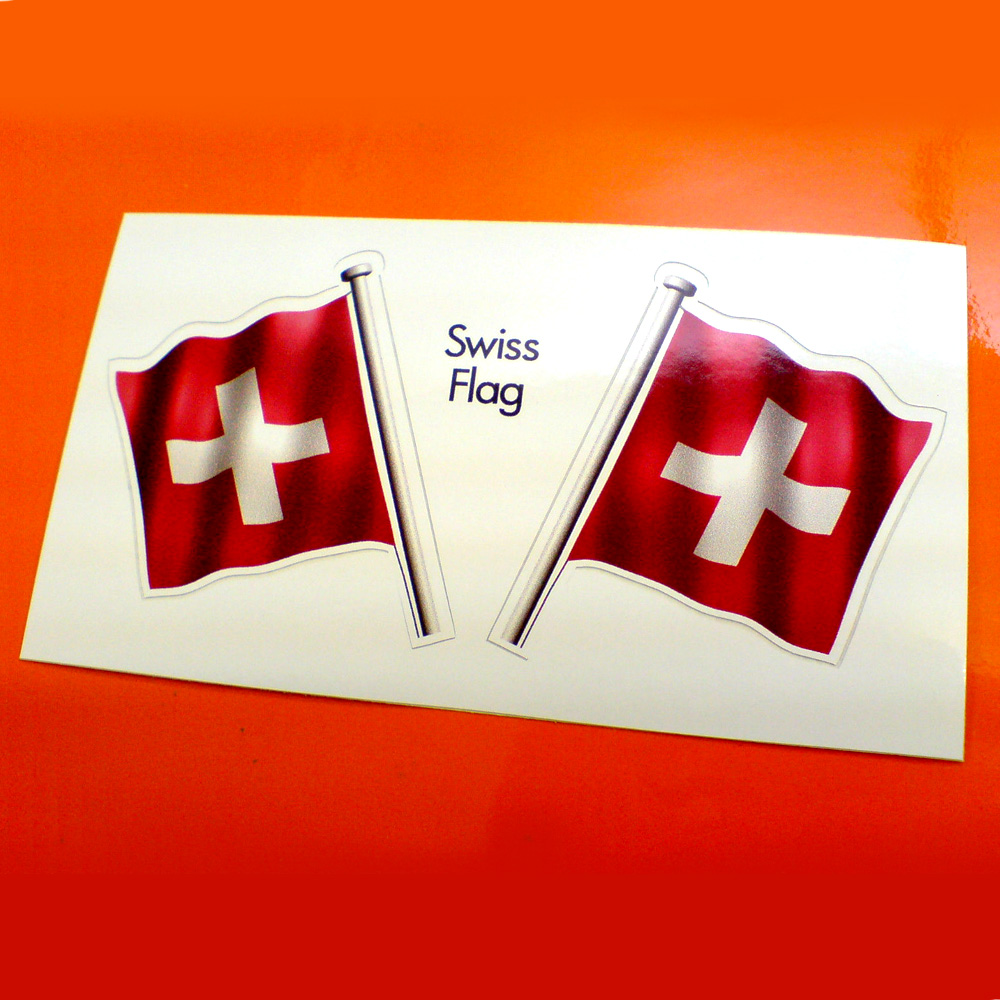 SWISS/SWITZERLAND FLAG AND POLE STICKERS. The Swiss wavy flag on a pole. A white cross in the centre of a red field.