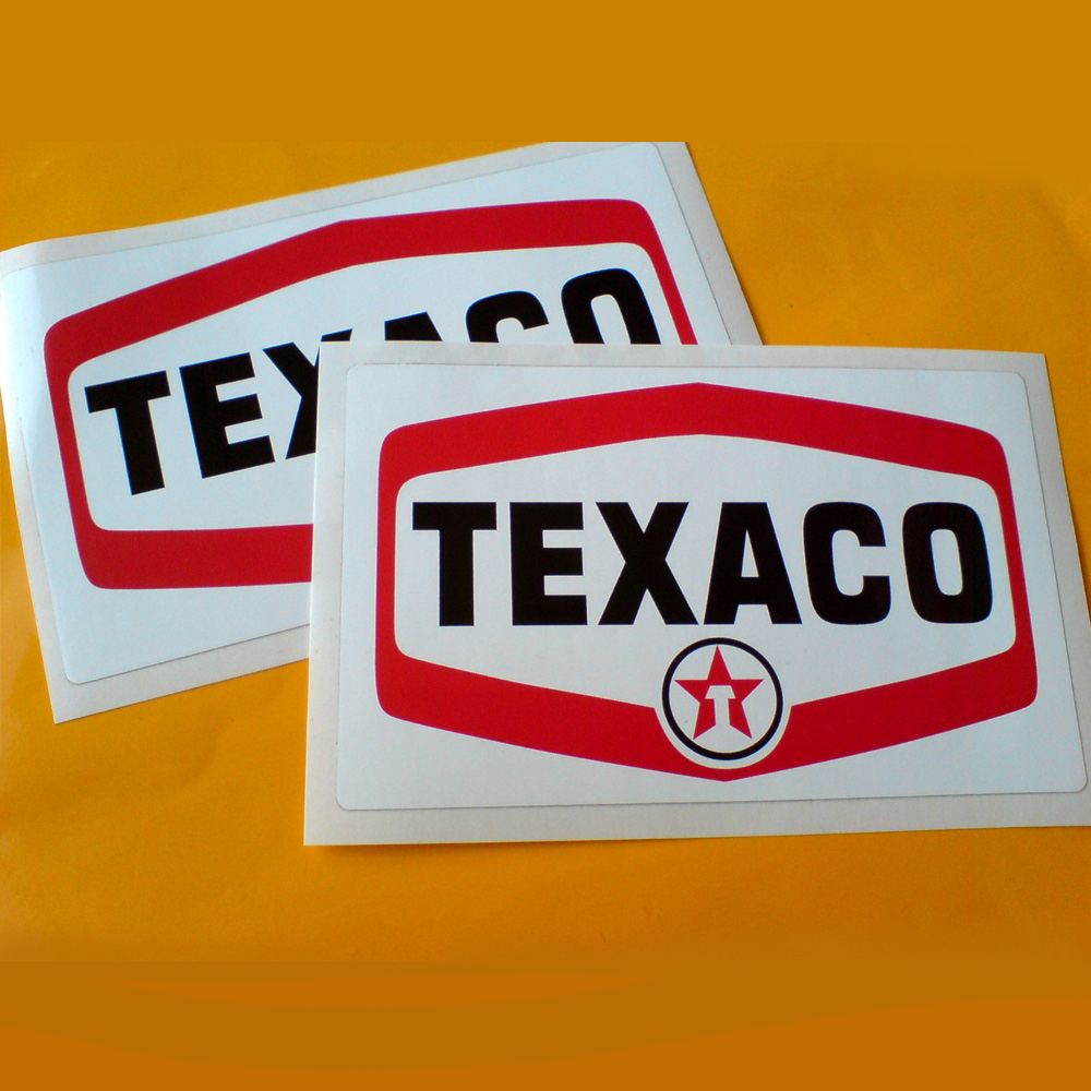 TEXACO PETROLEUM STICKERS. Texaco in bold black lettering on a white background with a red border. Below this inside a circle is a red star with a letter T on it in white.