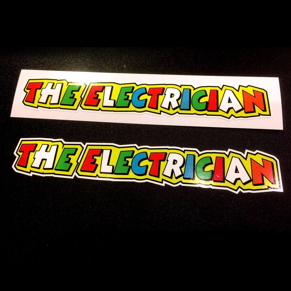 THE ELECTRICIAN ROSSI STICKERS - 2 SIZES AVAILABLE. The Electrician in bold colourful lettering. Red, white, green, blue and orange letters on a yellow background.