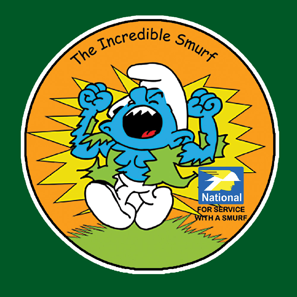The Incredible Smurf For Service With A Smurf in black lettering on an orange and yellow circular sticker. A blue and white smurf wearing a green jacket is jumping up his hands in the air with grass below his feet. Additional image of the National logo, Mr Mercury.