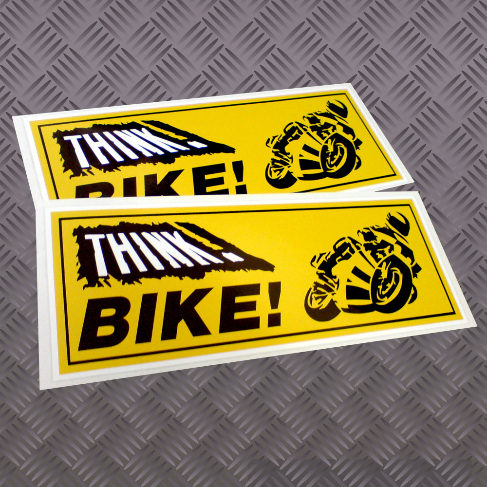 Think Bike! in black and white bold lettering on a yellow background next to a motorcyclist on his bike.